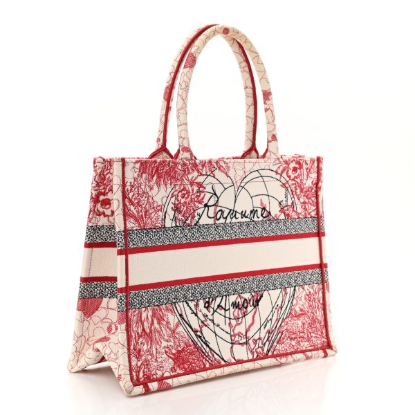 CHRISTIAN Dior Canvas Embroidered Tote Red White - Image 2