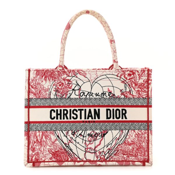 CHRISTIAN Dior Canvas Embroidered Tote Red White